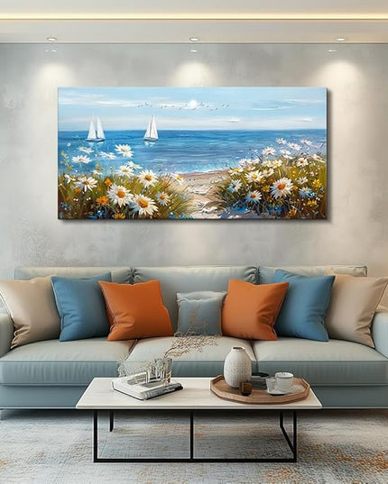 PHAOHUAXM Wall Art For Dining Room Kitchen Blue Ocean Landscape Painting Art Pictures Living Room Decor Vintage Landscape Canvas Print Suitable For Bedroom Office Farmhouse Wall Decoration 24x48 In