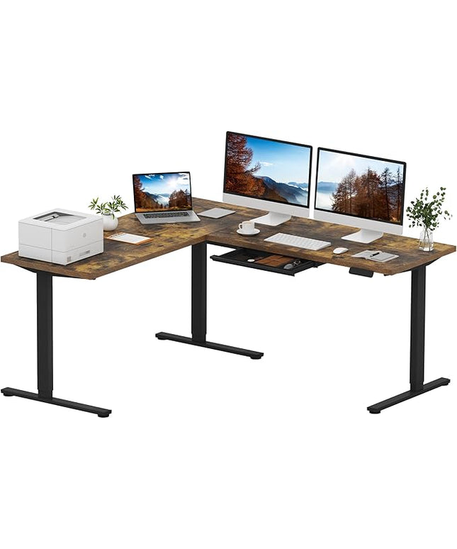 SANODESK L Shaped Electric Standing Desk with Drawer, 71 Inch Ergonomic Adjustable Height Desk with Storage, Corner Desk Sit Stand up Computer Table for Work Office Home, Rustic Brown