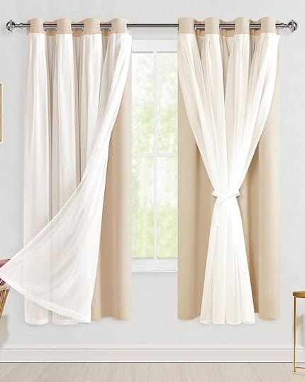 Hiasan Blackout Curtains with Sheer Overlay, Grommet Thermal Insulated Privacy Mix and Match Double Layer Window Curtains for Girls Bedroom, Living Room, 2 Drape Panels with Tiebacks, Beige, 52W X 63L