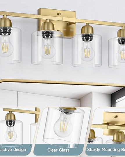 Modern Brushed Gold 4 Light Bathroom Light Fixtures, 24 inch Vanity Lights for Bathroom with Clear Glass, Bathroom Vanity Light for Mirror Kitchen Living Room Hallway Cabinet Porch
