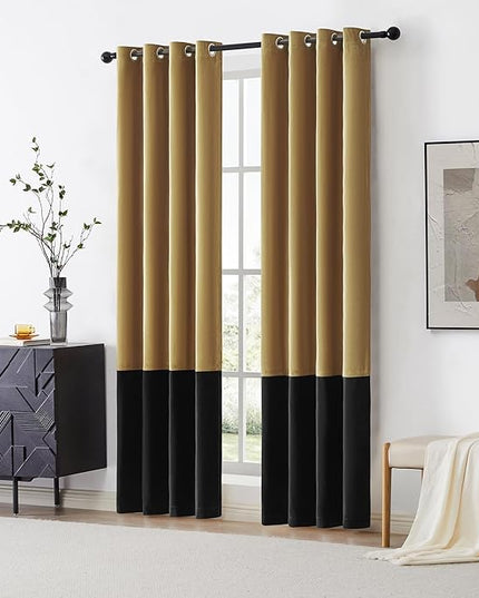 BULBUL Color Block Window Curtains Panels 102 inches Long Gold Black Velvet Farmhouse Drapes for Bedroom Living Room Darkening Treatment with Grommet Set of 2