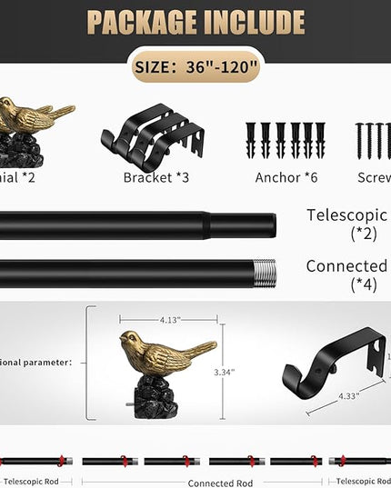 Vintage Gold Curtain Rod 36 to 120 Inches Curtain Rods for Windows Adjustable Heavy Duty Drapery Rod with Bird Finials for Living Room Bedroom