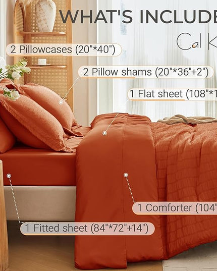 MUXHOMO 7 Pieces California King Comforter Set, Seersucker Bed in a Bag Cal King Size, All Season Luxury Bedding Set with Comforter, Flat Sheet, Fitted Sheet, Pillowcases & Shams, Burnt Orange
