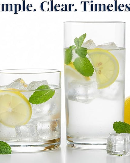 US Acrylic Classic Clear Plastic Reusable Drinking Glasses (Set of 8) 12oz Rocks & 16oz Water Cups | BPA-Free Tumblers, Made in USA | Top-Rack Dishwasher Safe