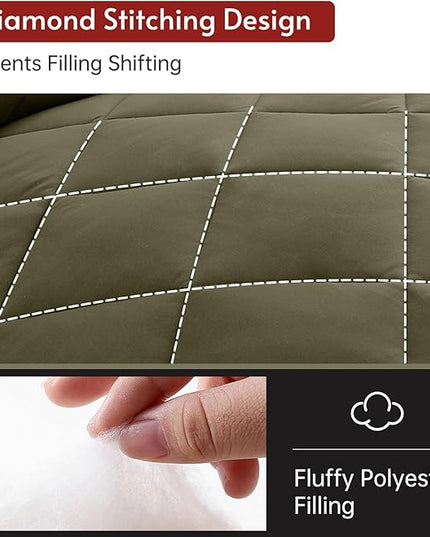 MUXHOMO 7 Pieces Full Comforter Set, Reversible Bed in a Bag Full Size, All Season Bedding Set with Comforter, Flat Sheet, Fitted Sheet, Pillowcases & Shams, Olive Green & Beige
