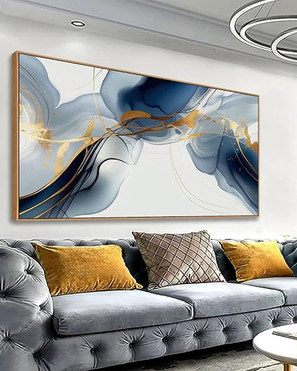 HUADAOART Abstract Painting Modern Art Wall Mural Gold And Blue Background Wall Decor for Living Room Bedroom Print on Artwork Home Decor Framed 30x60inch
