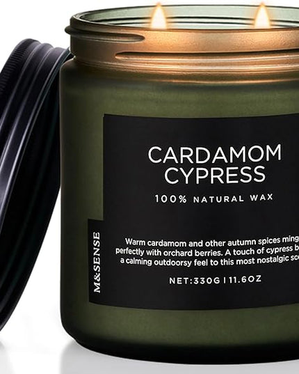 M&SENSE Spice Cardamom Cypress Large Soy Candles for Home Scented 2 Wick Large Soy Natural Candles 11.6oz 70 Hours Long Lasting Slow Burning, Christmas Holiday Woody Scented Winter Gifts