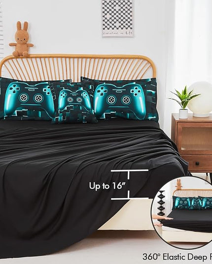 PERFEMET 6-Piece Boys Gamer Comforter Set Full Size Teal Blue Video Game Controller Bedding Comforter Set with Sheets Lightweight 3D Black Gaming Pattern Bed in a Bag for Kids Teen(Teal, Full)