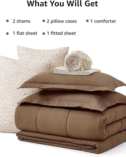 Monbix Queen Comforter Set - 7 Pieces Brown Bed in a Bag Queen Track Stitching Bedding Sets, All Seasons Comforter Bed Set with Sheets,Pillowcases & Shams