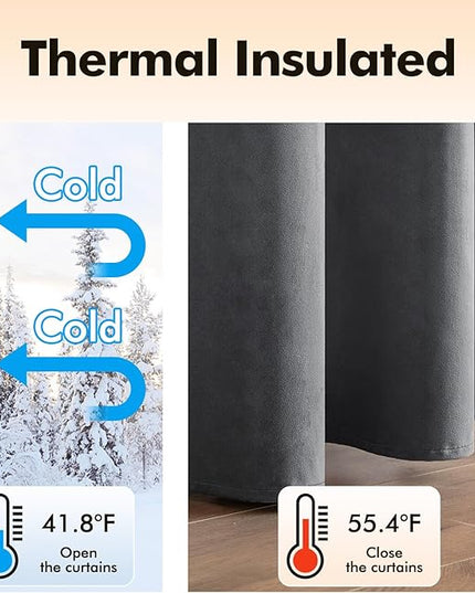 MIULEE 2 Panels Velvet Curtains Solid Soft Grommet Grey Curtains Blackout Thermal Insulated Soundproof Room Darkening Curtains/Drapes/Panels for Living Room Bedroom 52 x 90 Inch