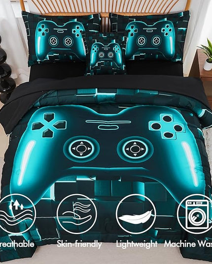 PERFEMET Gamer Bedding Set Twin Size 6-Piece Teal Blue Game Console Bed in A Bag for Boys Kids Teen 3D Black Gamepad Gaming Bedroom Collections(Teal, Twin)