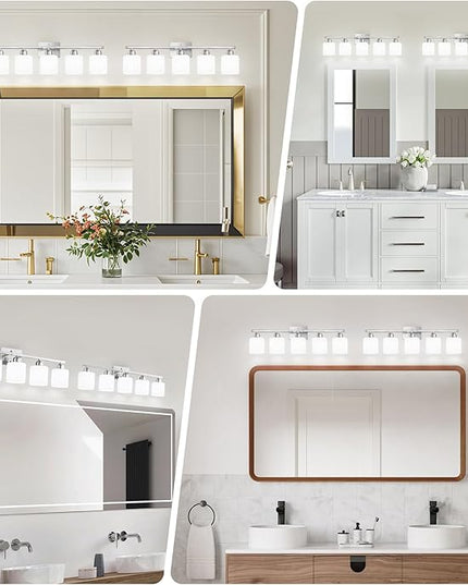 5 Light Bathroom Light Fixtures Brushed Nickel, Bathroom Vanity Light with Milky White Frosted Glass Shade, Vanity Lights for Mirror Bedroom Living Room E26 Base