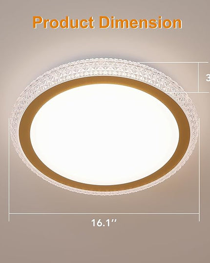16 Inch Golden Crystal LED Flush Mount Light Fixtures, 24W Dimmable Modern Ceiling Lights, 3000K/4000K/5000K Adjustable Lamps for Bedroom, Kitchen, ETL Listed