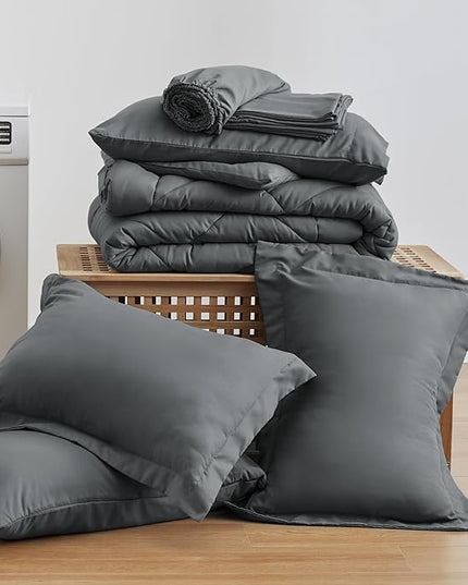 Love's cabin Oversized Queen Comforter Set Dark Grey, 7 Pieces Queen Bed in a Bag, All Season Queen Bedding Sets with 1 Comforter, 1 Flat Sheet, 1 Fitted Sheet, 2 Pillowcase and 2 Pillow Sham