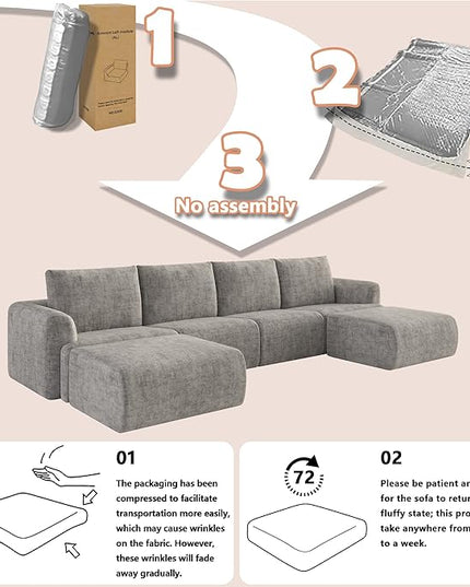EASE MOOSE Boneless Modular Cloud Couch, Oversized U-Shaped Sectional Sofa for Living Room with Ottoman, Extra Large Movable Couches, 6-Deep-Seat Sofas for Bedroom, Apartment, Chenille (Light Grey)
