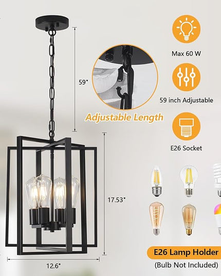 4 Light Modern Farmhouse Chandelier for Dining Room, Black Pendant Lights Fixtures for Kitchen Island, Foyer Lighting Fixtures High Ceiling for Entryway Hallway Living Room Bedroom