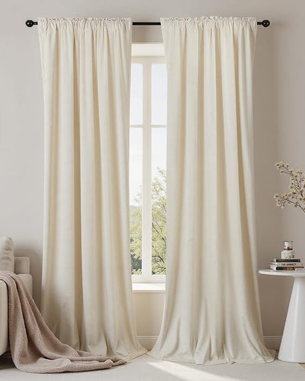 KOUFALL 120 Inch Extra Long Velvet Curtains 10 FT Foot High Ceiling Track Curtain Drapes Pleated with Hooks 70% Blackout 10FT Curtains for Living Room Bedroom 2 Panels Set Cream Ivory