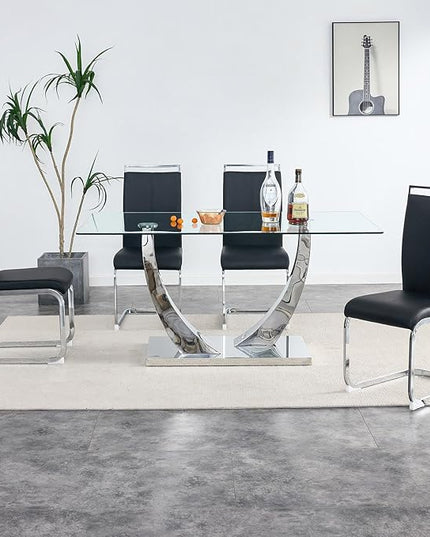 63” Glass Dining Table Set for 4,Modern Dining Room Table Set for 4, Kitchen Table and PU Leather Chairs, Dinner Table with Rectangle Tempered Glass Top and Chrome Silver Base