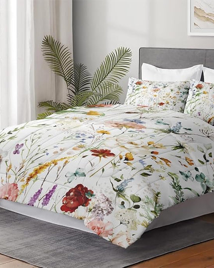 Full Size Comforter Set with 2 Pillowcases, Wildflower Flower Floral 3 Pcs Bedding for Kids and Adults, Boho Watercolor Butterfly Soft Comforter Set for Bedroom Bed Decor