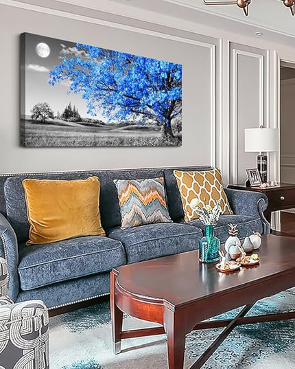 Wapluam Canvas Wall Art For Living Room Modern Wall Decor For Bedroom Black And White Wall Paintings Blue Tree Scenery Pictures Prints Artwork Office Decor Room Aesthetic Home Decor 20" X 40"