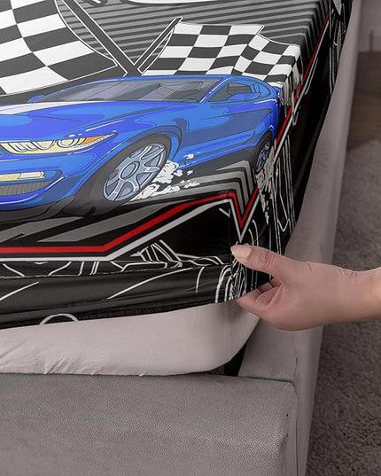 AILONEN Blue Racing Car Fitted Sheet Twin Size, Speed Sports Car Bed Sheet Set for Kids Boys Teens,Extreme Sport Bedding Sheets 3PCS,1 Fitted Sheet and 2 Pillowcase