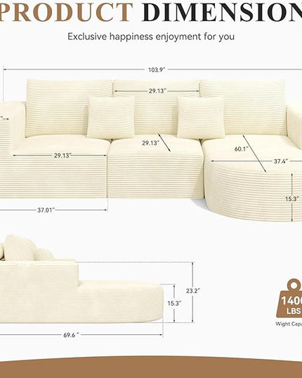 Modular Sectional Sofa with L-Shape Chaise,Cloud Sectional Modern Sleeper Couch with Deep Seat,Sponge Compression Sofas No Assembly Required(Beige-Corduroy Fabric) 1PCS