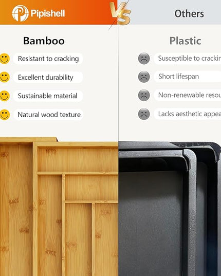 Pipishell Bamboo Silverware Organizer, Expandable Cutlery Tray, Utensil Drawer Organizer in Kitchen for Spoons Forks Knives, Multipurpose Use, Natural, Large