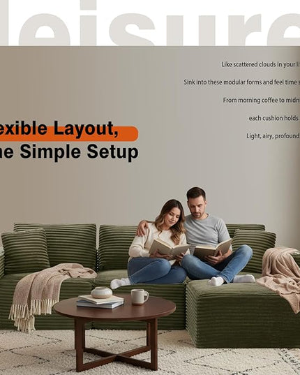 110" Boneless Couch in A Box, Convertible L Shaped Modular Sectional Sofa Set with Deep Seat, Corduroy Cloud Couch Sectional Couches for Living Room, No Assembly Required(3 Seat+ 1 Ottoman,Green)
