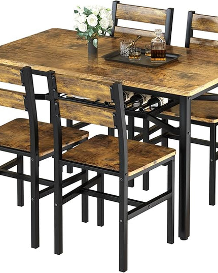 Hooseng Dining Table Set for 4, Wood Kitchen Table Chairs Set with Storage, Farmhouse 5 Piece Dining Room Table Set, Space-Saving Dinette Set for Breakfast Nook, Apartment