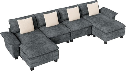 157-Inch U Shaped Sectional Sofa with Cloud Cushions, Deep Seat Modular Couch Set w/ 6 Seats & 2 Ottomans, Removable Arms, Plush Chenille Upholstery for Living Room, Apartment - Cyan