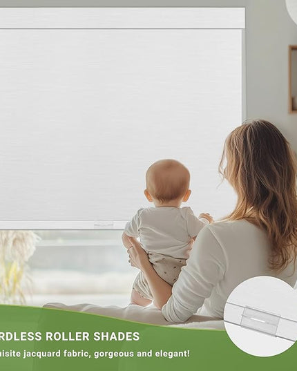 Blackout Roller Shades for Indoor Windows, Cordless Jacquard Fabric-Matched Roller Blinds, Easy to Install Privacy UV Protection Roll Up Blinds for Home Office, Pure White, 30" W x 72" H