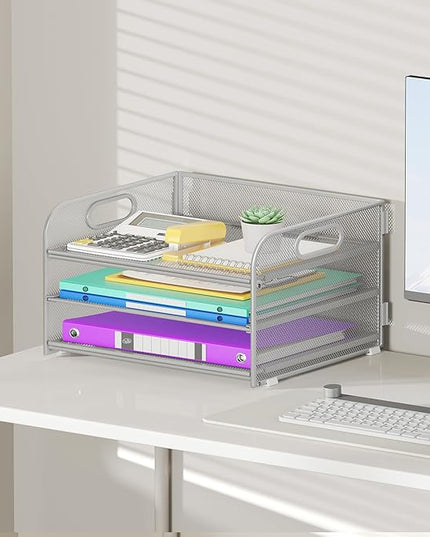 3 Tier Paper Organizer with Handle, Metal Desk Organizer Mesh Paper Letter Tray Desktop File Folder Document Sorter for Classroom, School, Office Accessories Organization and Storage - Silver