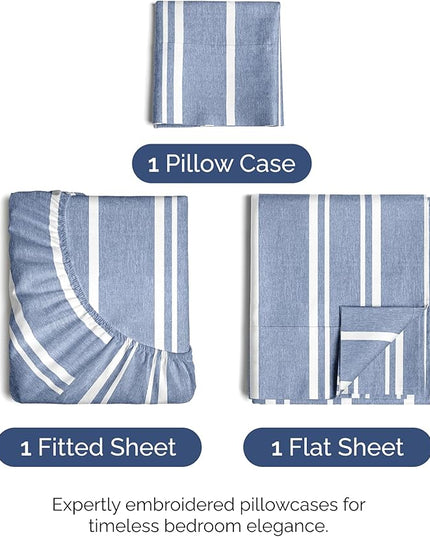 Twin Size 3 Piece Sheet Set - Comfy Breathable & Cooling Bed Sheets Set - Hotel Luxury Bedding for Women, Men, Kids, Teens, Boys & Girls - Deep Pockets, Soft, Wrinkle Free - Oeko-Tex - Blue Stripes 3