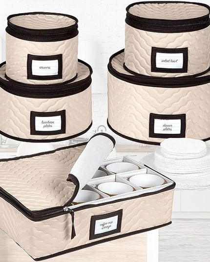 China Storage Containers 5-Piece Set Moving Boxes for Dinnerware, Glasses, Plates, Mugs and Saucers Sturdy Quilted Microfiber Dish Organizer with Dividers for Seasonal Storage - Holds Set of 12