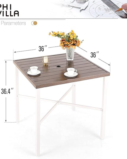 PHI VILLA Outdoor Bar Table, High Patio Table with Umbrella Hole, White Legs, Metal Frame, Sturdy & Durable for Outdoor & Indoor