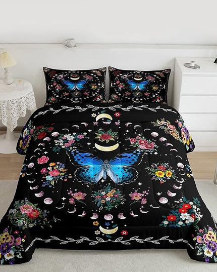 Sun and Moon Kids Comforter Set King Size,Starry Sky Galaxy Planet Trippy Bedding Set,Boys Girls Adults Room Decor,Butterfly Flowers Boho Exotic Down Comforter,Colorful Duvet Insert,2 Pillowcases