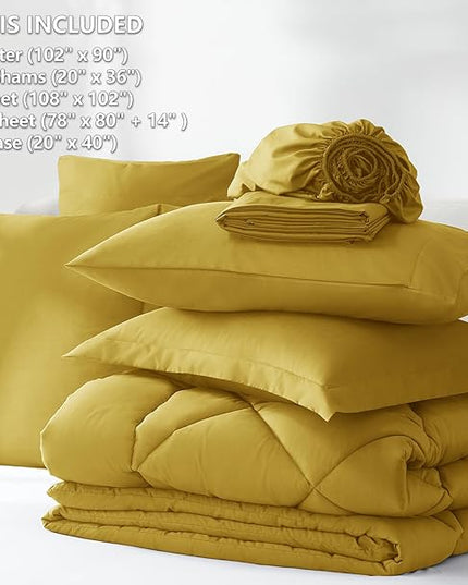 CozyLux King Size Comforter Set Mustard Yellow - 7 Pieces Bed in a Bag King, Luxury Soft Bed Set for All Seasons, Bedding Set with Down Alternative Comforter, Sheets, Pillowcases & Shams