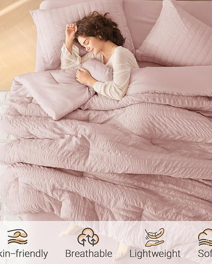 MUXHOMO 7 Pieces Queen Comforter Set, Seersucker Bed in a Bag Queen Size, All Season Luxury Bedding Set with Comforter, Flat Sheet, Fitted Sheet, Pillowcases & Shams, Rose Gold