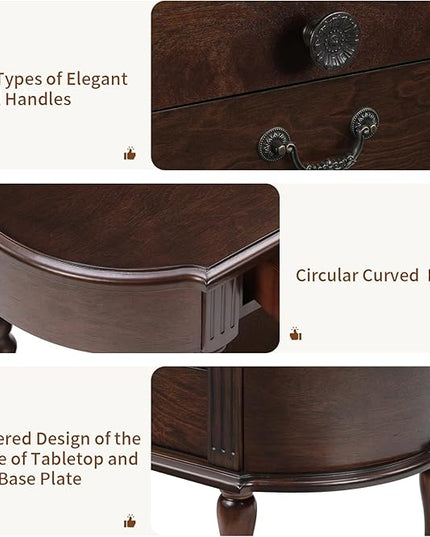 HMFULE Solid Wood Retro Curved Console Table, 43" Half Moon Console Table Sofa Table Entryway Table with 3 Drawers Open Shelf Pine Roman Legs Curved Corners for Living Room,Entryway,Hallway,Espresso
