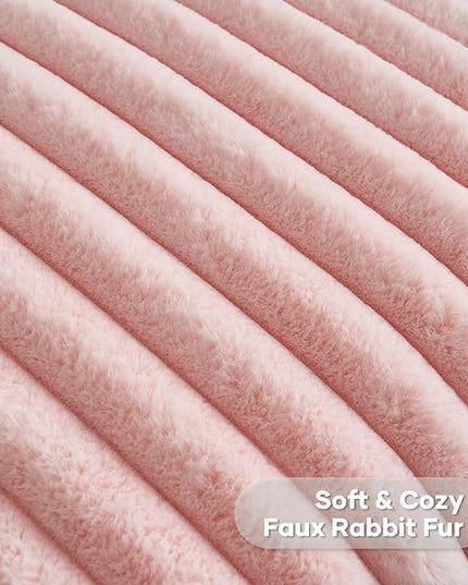 FUTEI Pink Throw Pillow Covers Set of 2, 22x22 Inch Striped Texture Cushion Cases with Soft Faux Rabbit Fur Front & Velvet Back, Modern Decorative Couch Pillows for Living Room