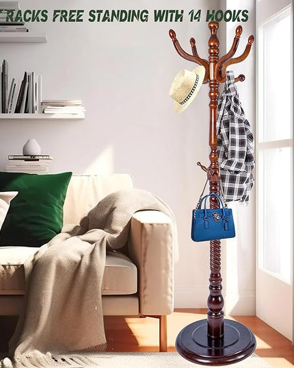 73" Wooden Coat Rack Stand,Coat Racks Freestanding With 11 Hooks And Solid Round Base Heavy Duty Adjustable Height Hall Tree Coat Rack for Entryway Hallway Foyer Office Bedroomf (Antique Color)