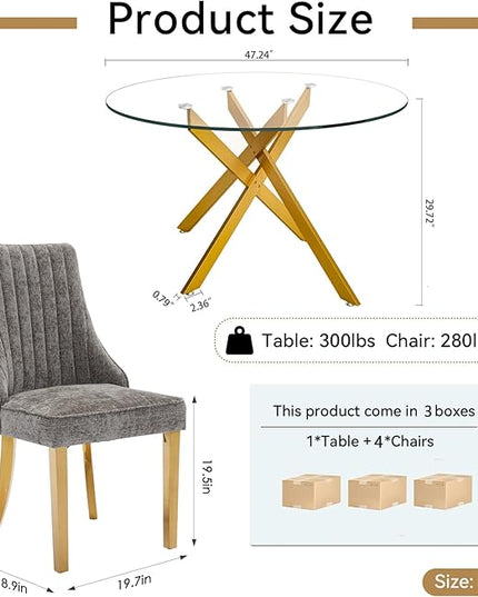 Round Glass Dining Table Set for 4, 47'' Clear Circular Kitchen Table and Chairs Set, 5PCS Modern Circle Dining Room Table Set with 4 Dining Chair for Home