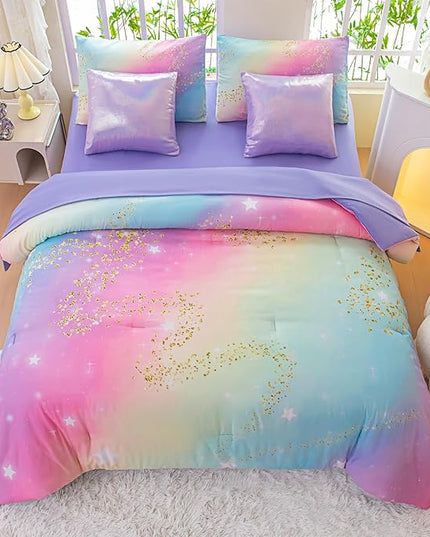 Rainbow Bedding Set Twin Size – 7 Piece Reversible Girls Comforter with Deep-Pocket Sheet, Gradient Galaxy Design, Whole-Piece Filling, Machine Washable Bed-in-a-Bag for Kids Room Makeover & Gifts
