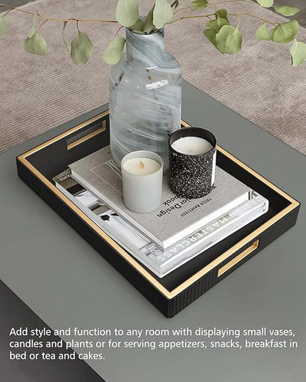 SANZIE Leather Tray Desktop Storage Organizer Premium Serving Tray Decorative Tray Valet Tray for Sundries Cosmetics Phone Wallet Cutlery (Black Holder)