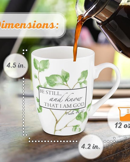 Christian Art Gifts Encouraging Scripture Ceramic Coffee & Tea Mug for Women: Be Still & Know Bible Verse Psalm, Inspirational Microwave/Dishwasher Safe Drinkware, White & Green Leaf Branches, 12 oz.