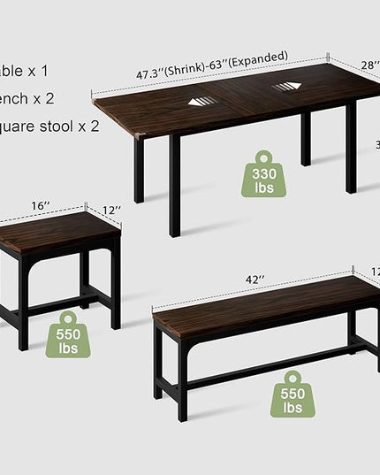 Feonase 5-Piece Dining Table Set for 4-8 People, 63" Extendable Kitchen Table Set with 2 Benches and 2 Square Stools, Dining Room Table with MDF Wood Board, Easy Clean, Dark Brown