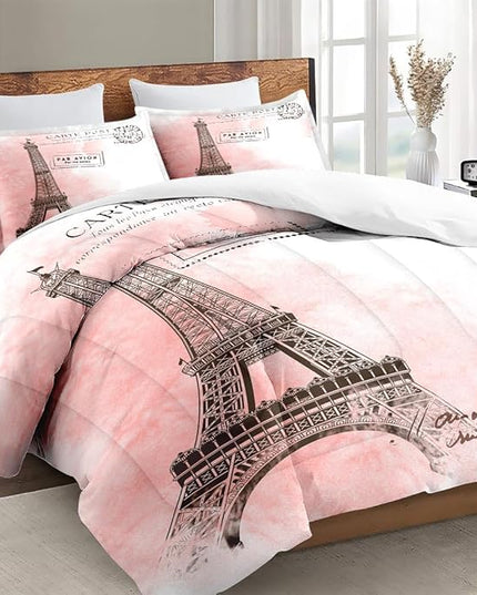 Twin Size Comforter Set with Pillowcase, Paris Eiffel Tower 2 Pcs Bedding for Kids and Adults, Beautiful Pink Place Soft Comforter Set for Bedroom Bed Decor