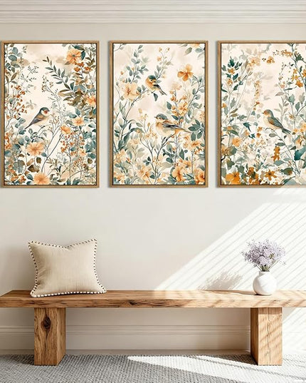 ANHUIB Large Neutral Floral Wall Art 16x24 Inch Beige Botanical Wall Decor Bird Painting Set of 3 for Living Room Bedroom Barhroom