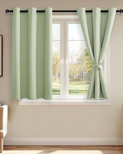 JIUZHEN Blackout Curtains with Tiebacks - Thermal Insulated, Light Blocking and Noise Reducing Grommet Curtain Drapes for Bedroom and Living Room, Set of 2 Panels, Light Green, 38 x 45 Inch Length