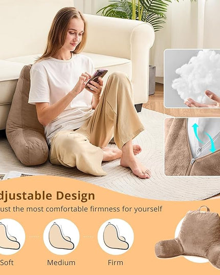 Sasttie Reading Pillow, Velvet Back Pillow for Bed Sitting Up, Adult Back-Rest Support Cushion with Arms for Sit Up on Couch, Sofa, and Floor, Dorm Essentials, Reading Accessories, Light Brown